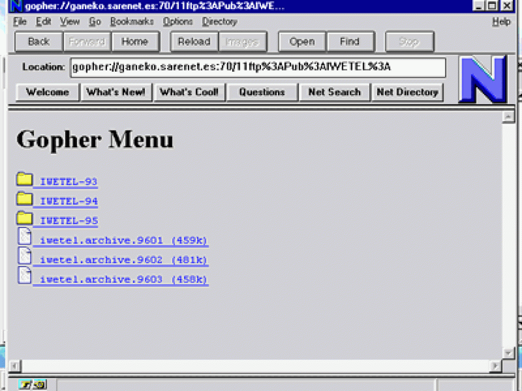 Pantalla del gopher Ganeko desde un browser Netscape