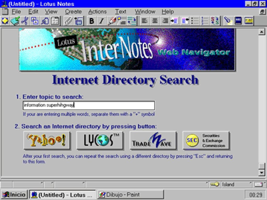 Una de las utilidades de InterNotes permite lanzar consultas a los buscadores web mas populares de Internet y almacenar la información en bases propias de Notes.