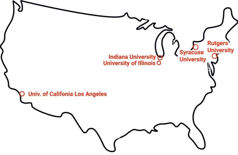 mapa con Illinois, Syracuse, UCLA (Univ. of California, Los Angeles), Indiana y Rutgers.