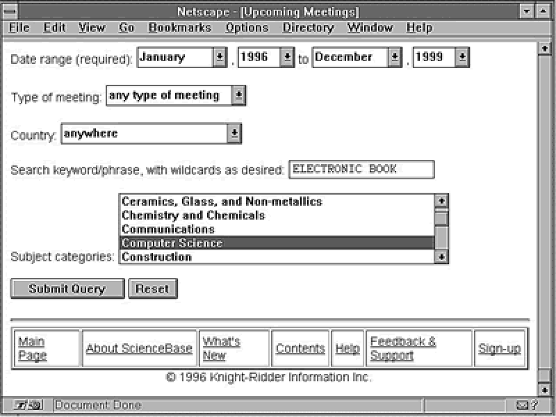 Ejemplo de interface de consulta asistida de Science Base, en este caso de la base de datos Upcoming Meetings.